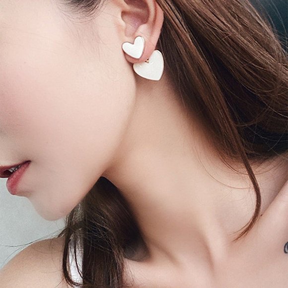 White-Gold Enamel Double Heart Front Back Minimalist Dangle Earrings - Picture 3 of 3